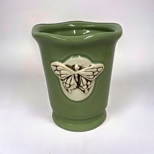 Small Ceramic Green Planter with Embossed Butterfly Moth Toothbrush Holder